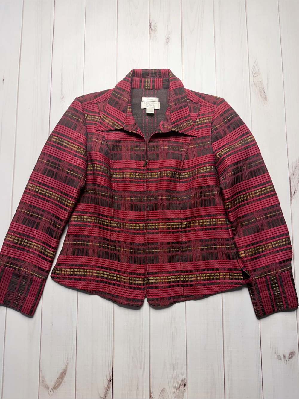 Christopher & Banks Vintage Burgundy Striped Zip Front Blazer Jacket